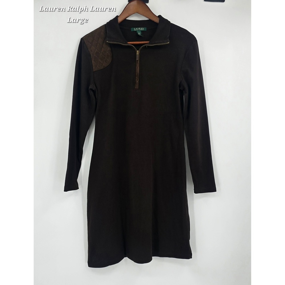Vintage 90s Lauren Ralph Lauren Brown Knit Dress Quilted Shoulder Equestrian L